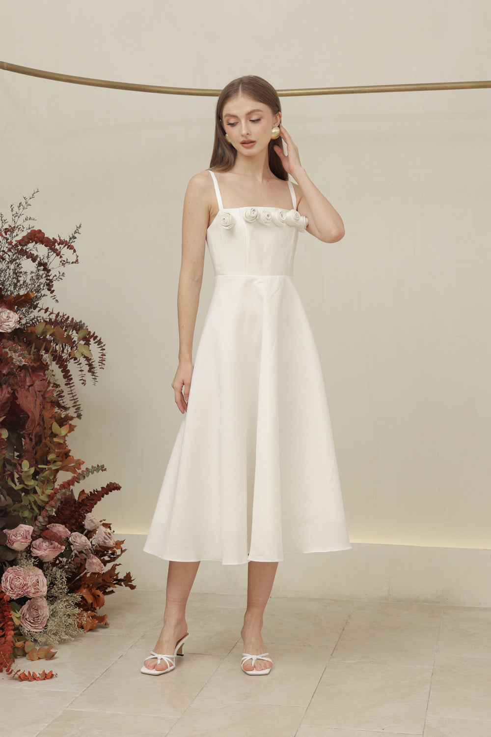 MORGANA DRESS Straight Neckline Strappy Midi Dress with Floral Details (Ivory White Gazaar)