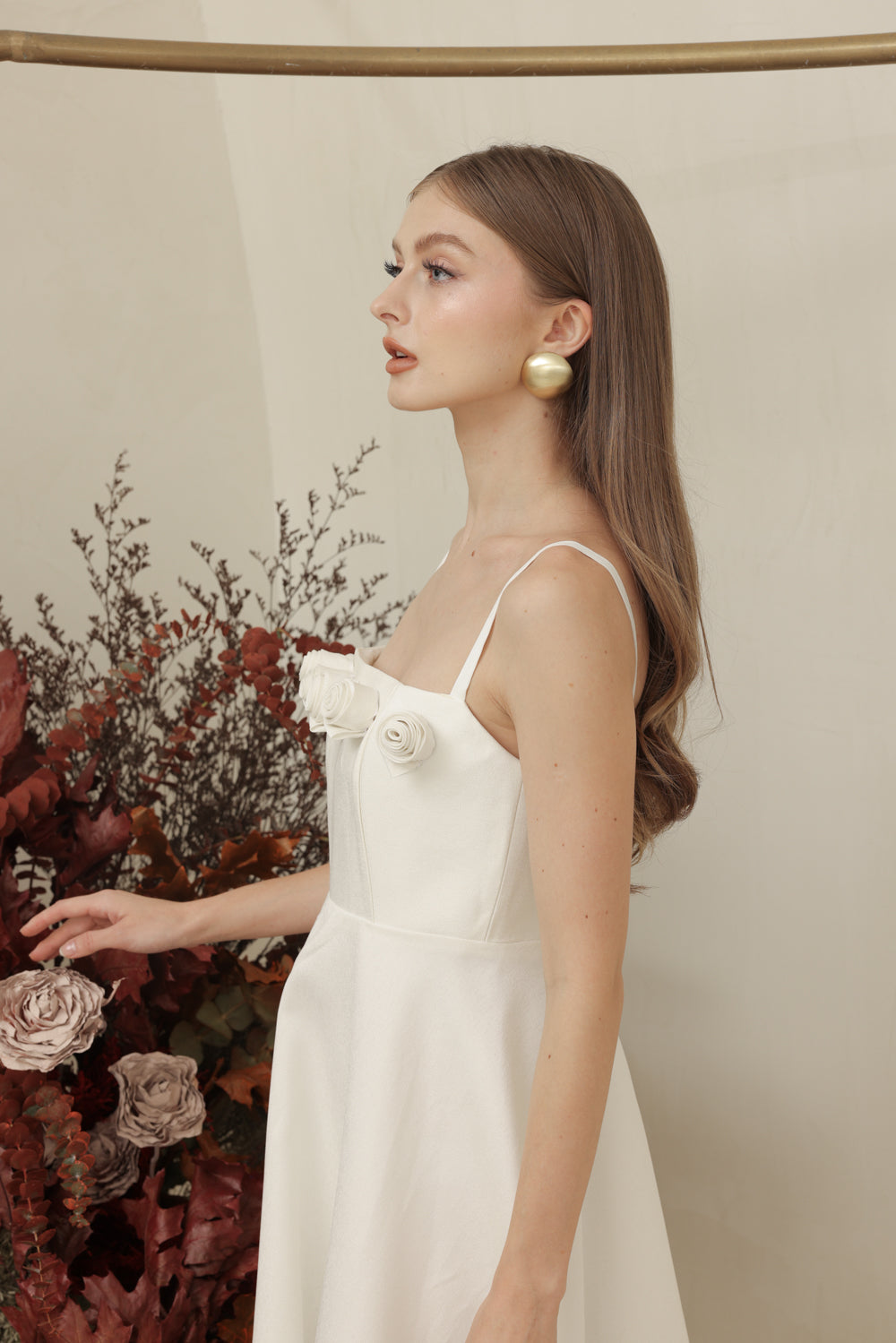 MORGANA DRESS Straight Neckline Strappy Midi Dress with Floral Details (Ivory White Gazaar)