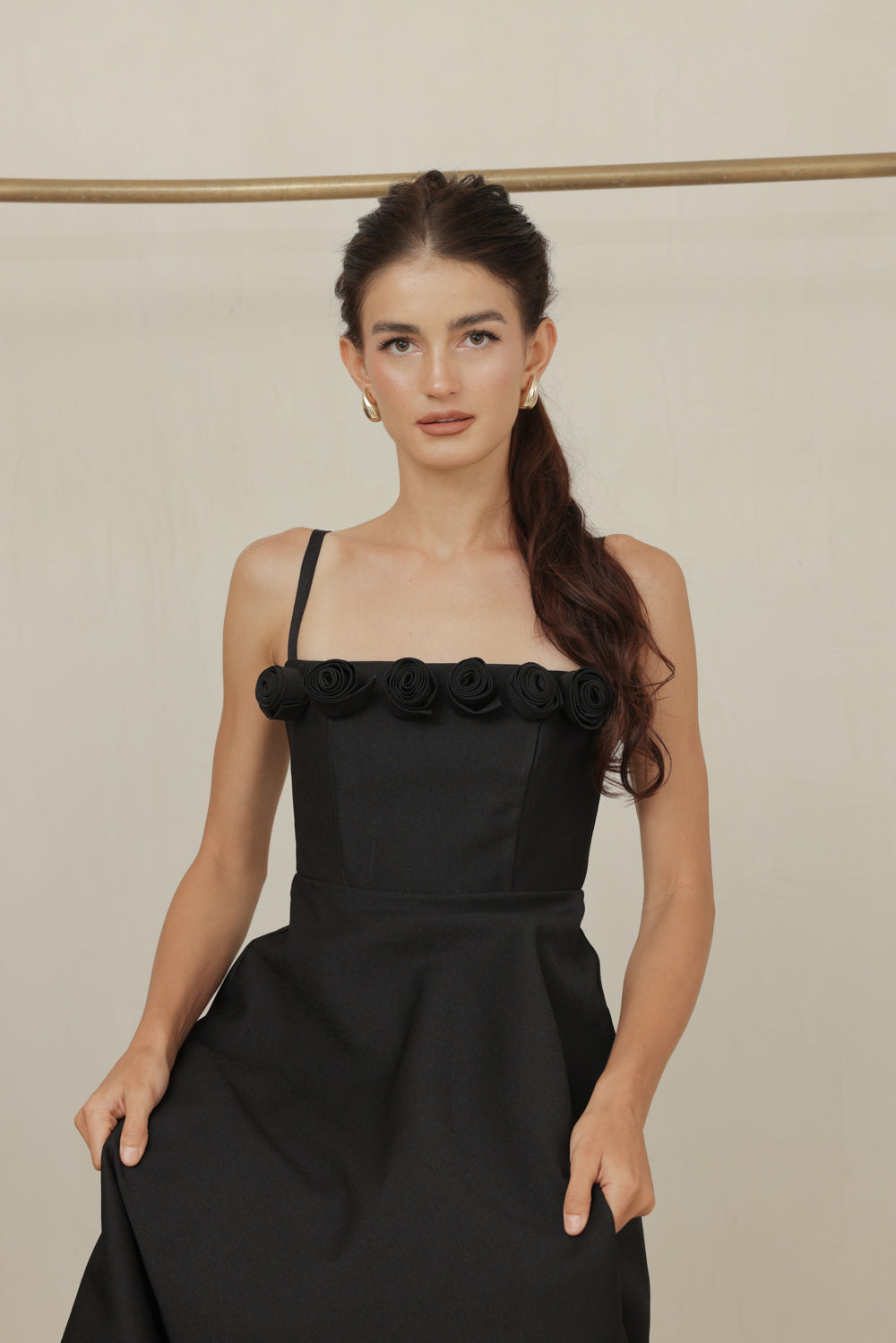 MARCELINE DRESS Straight Neckline Strappy Maxi Gown with Floral Details and Pockets (Black Gazaar)