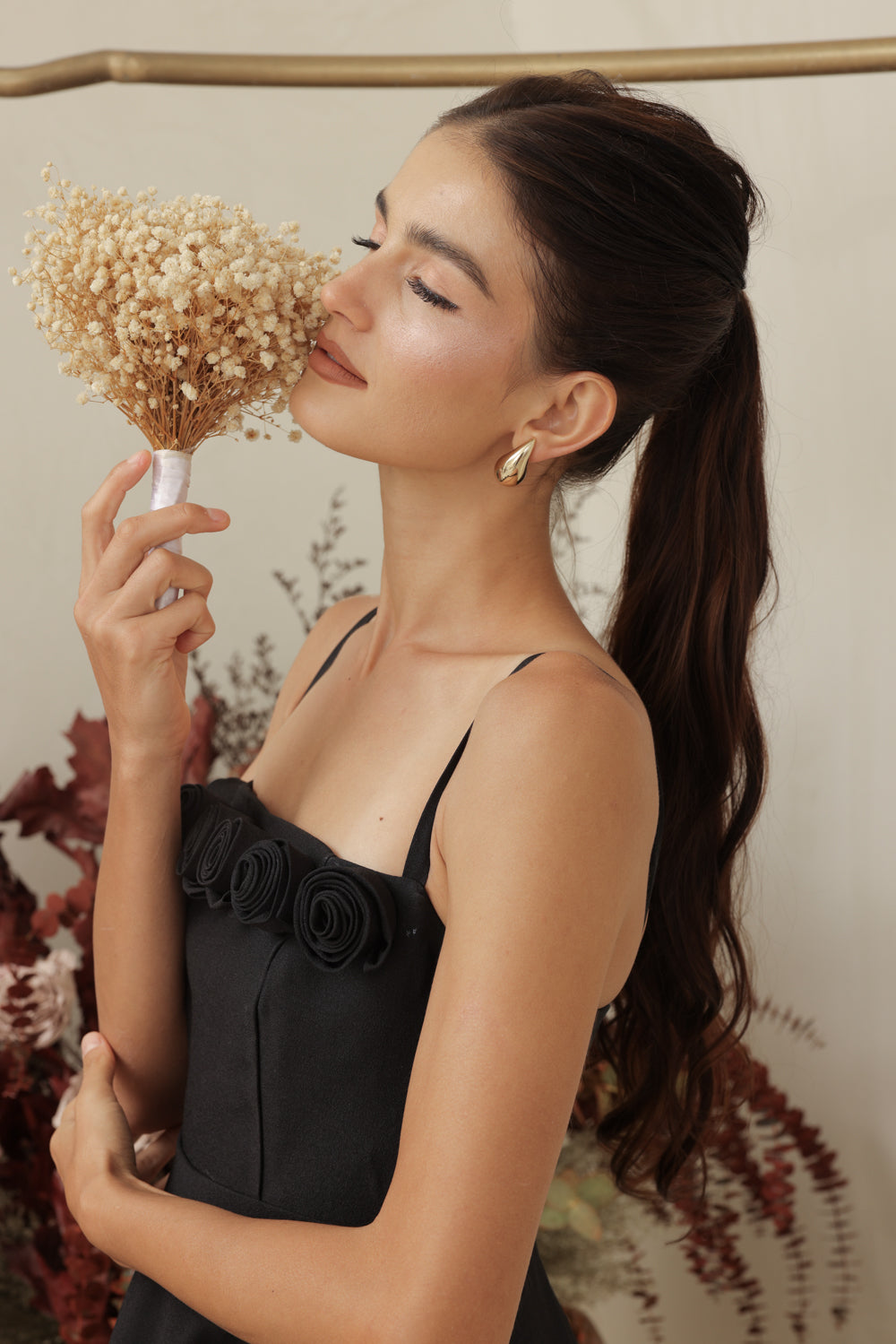 MARCELINE DRESS Straight Neckline Strappy Maxi Gown with Floral Details and Pockets (Black Gazaar)