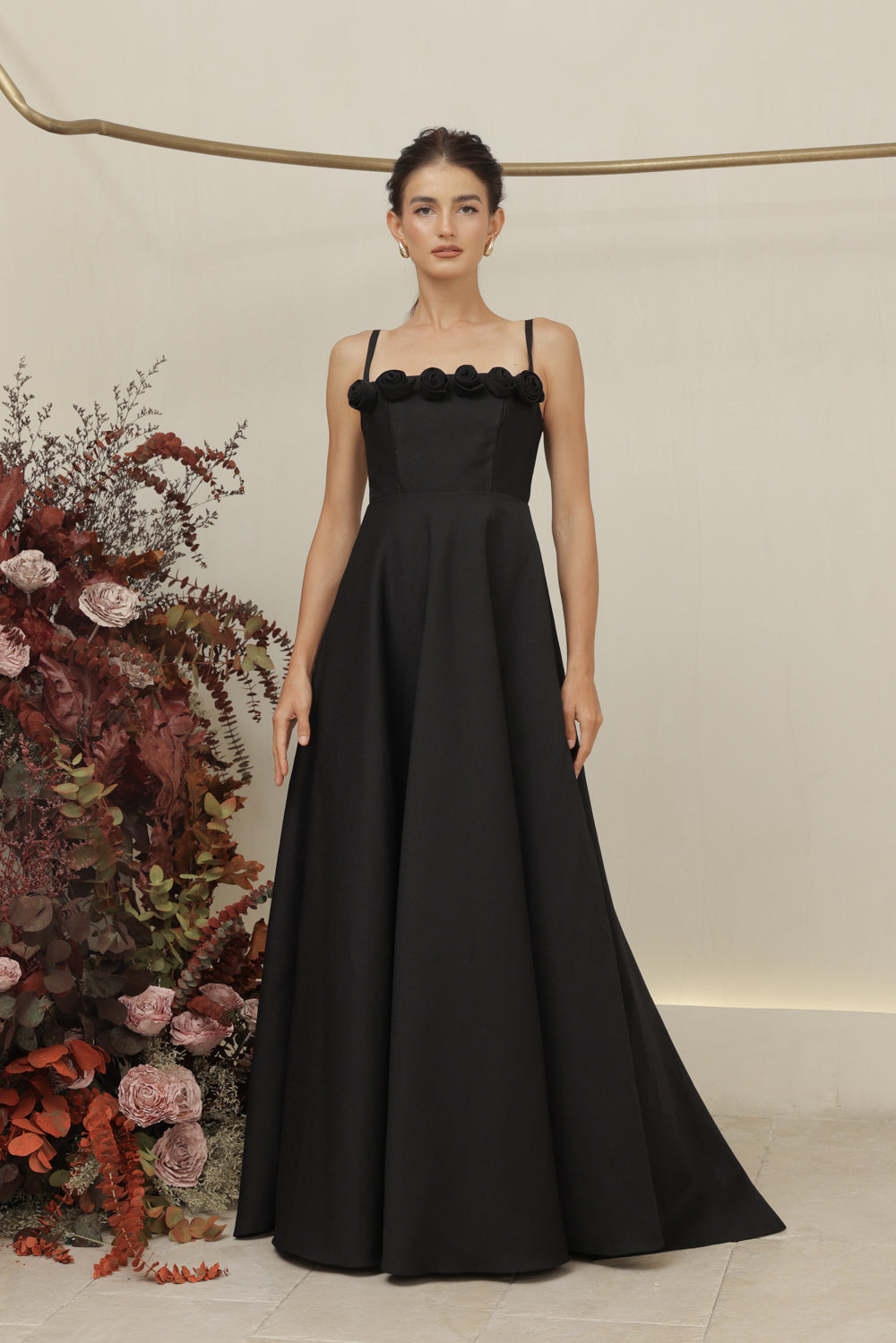 MARCELINE DRESS Straight Neckline Strappy Maxi Gown with Floral Details and Pockets (Black Gazaar)