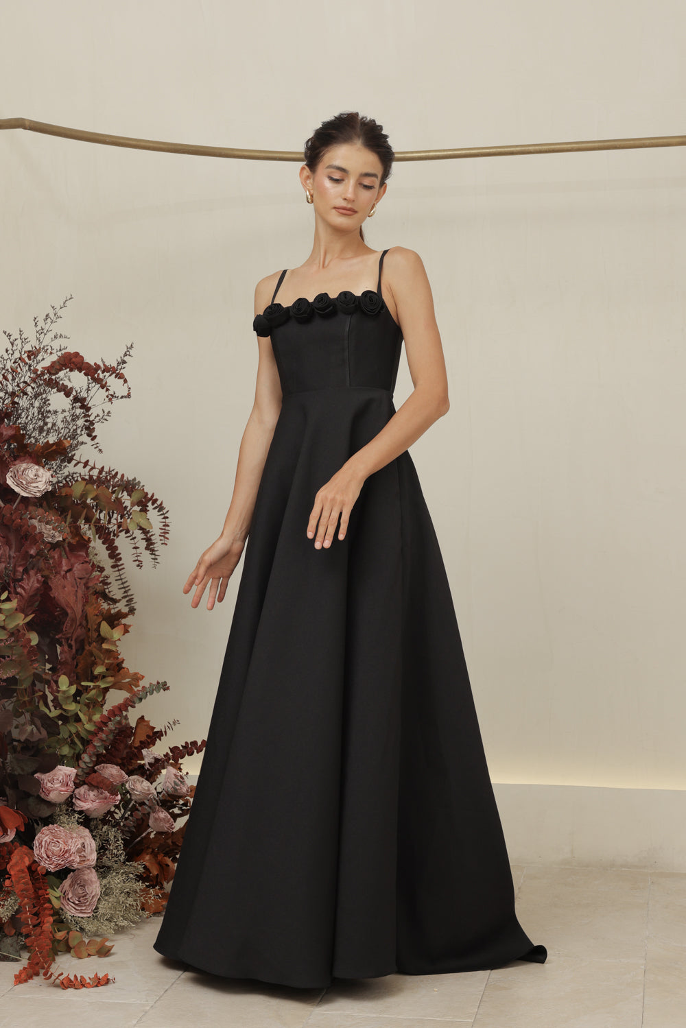 MARCELINE DRESS Straight Neckline Strappy Maxi Gown with Floral Details and Pockets (Black Gazaar)