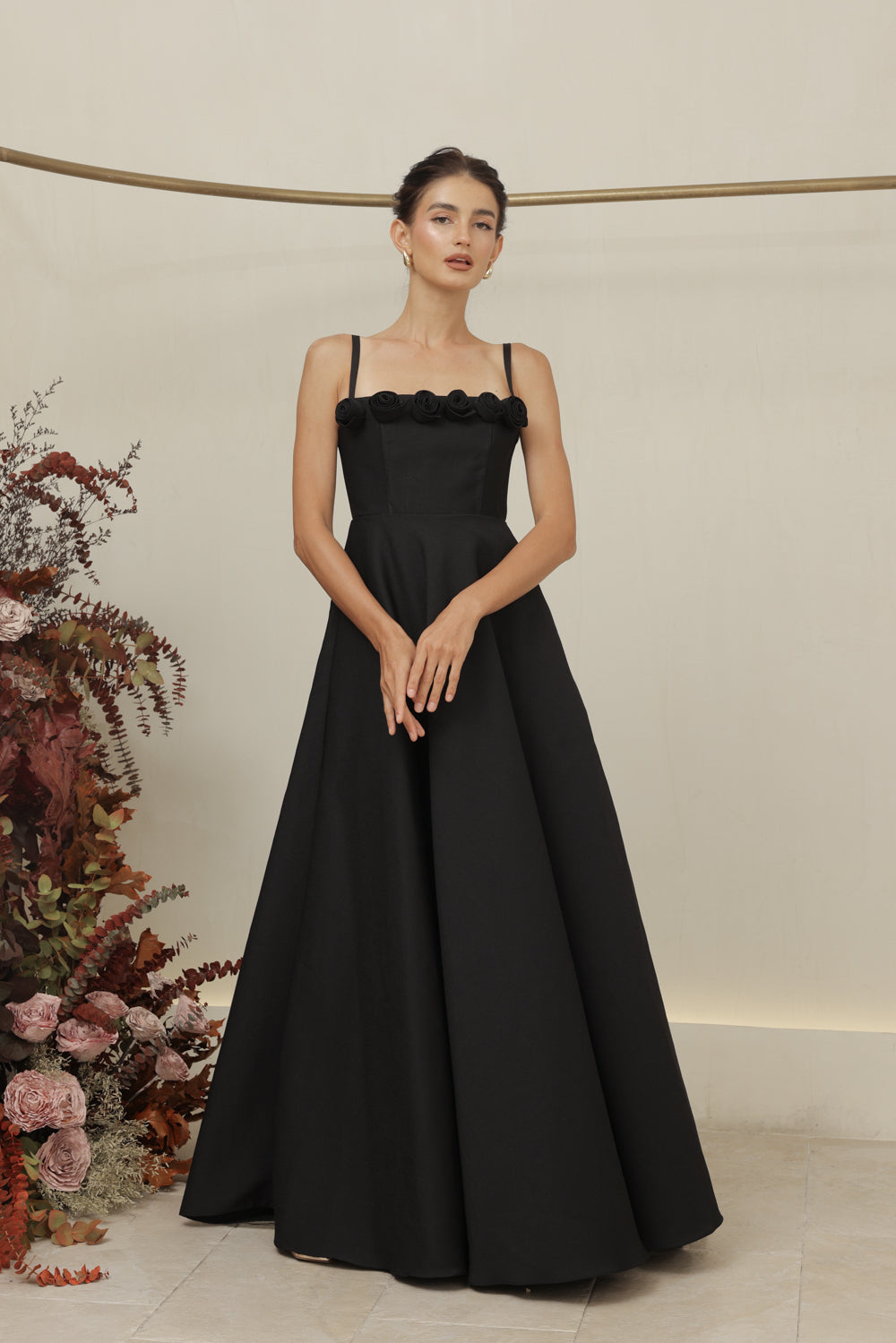 MARCELINE DRESS Straight Neckline Strappy Maxi Gown with Floral Details and Pockets (Black Gazaar)