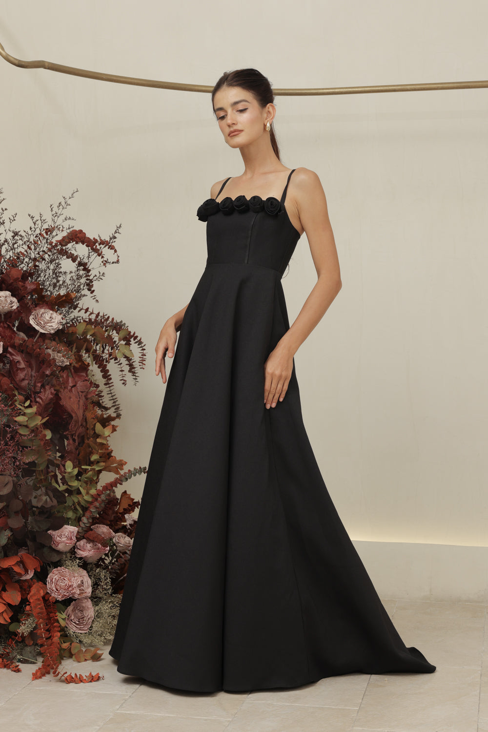 MARCELINE DRESS Straight Neckline Strappy Maxi Gown with Floral Details and Pockets (Black Gazaar)