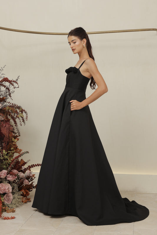 MARCELINE DRESS Straight Neckline Strappy Maxi Gown with Floral Details and Pockets (Black Gazaar)