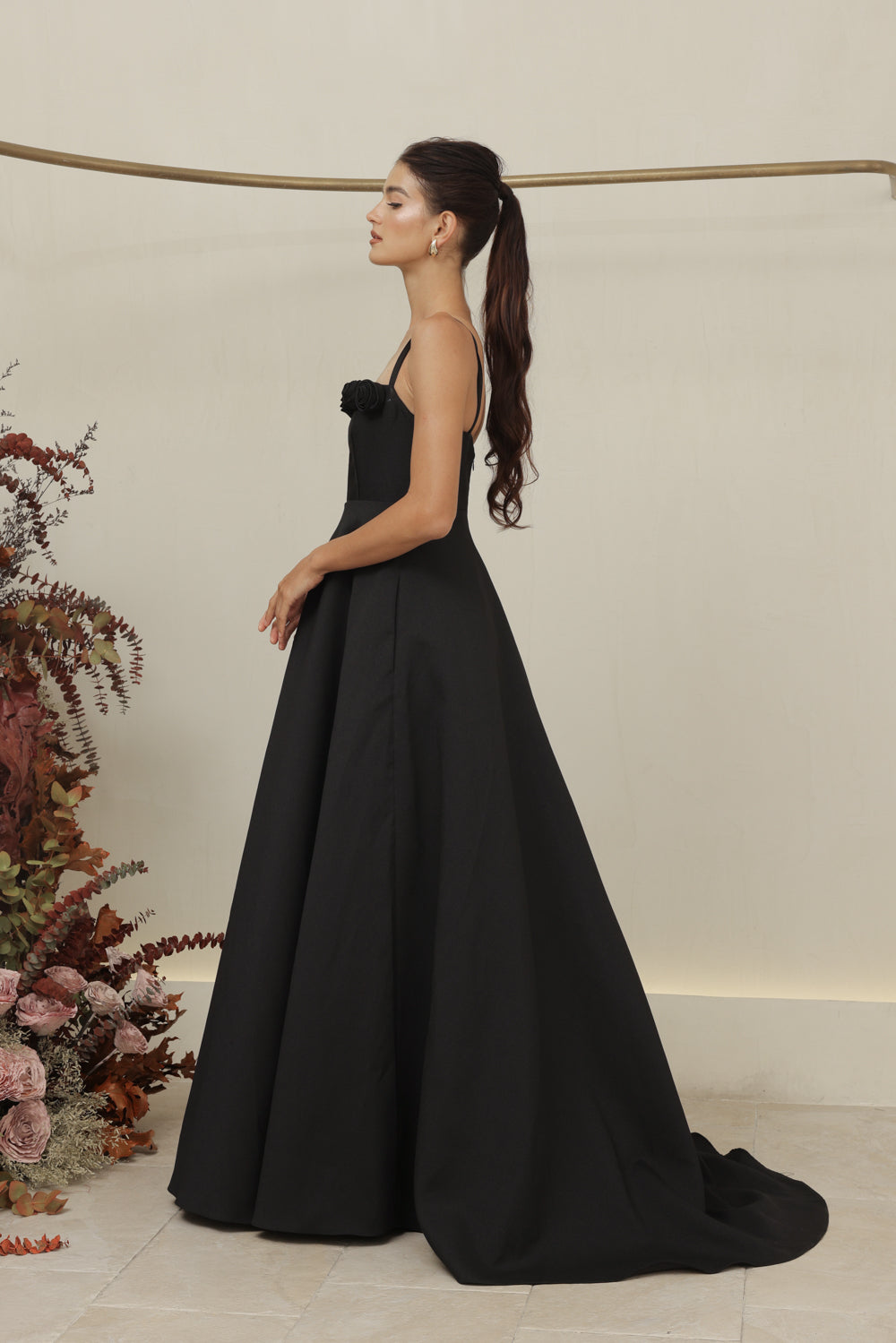 MARCELINE DRESS Straight Neckline Strappy Maxi Gown with Floral Details and Pockets (Black Gazaar)