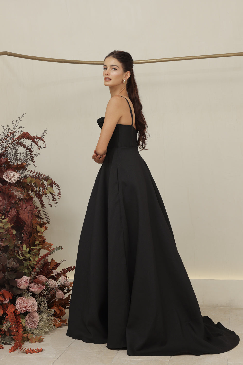 MARCELINE DRESS Straight Neckline Strappy Maxi Gown with Floral Details and Pockets (Black Gazaar)