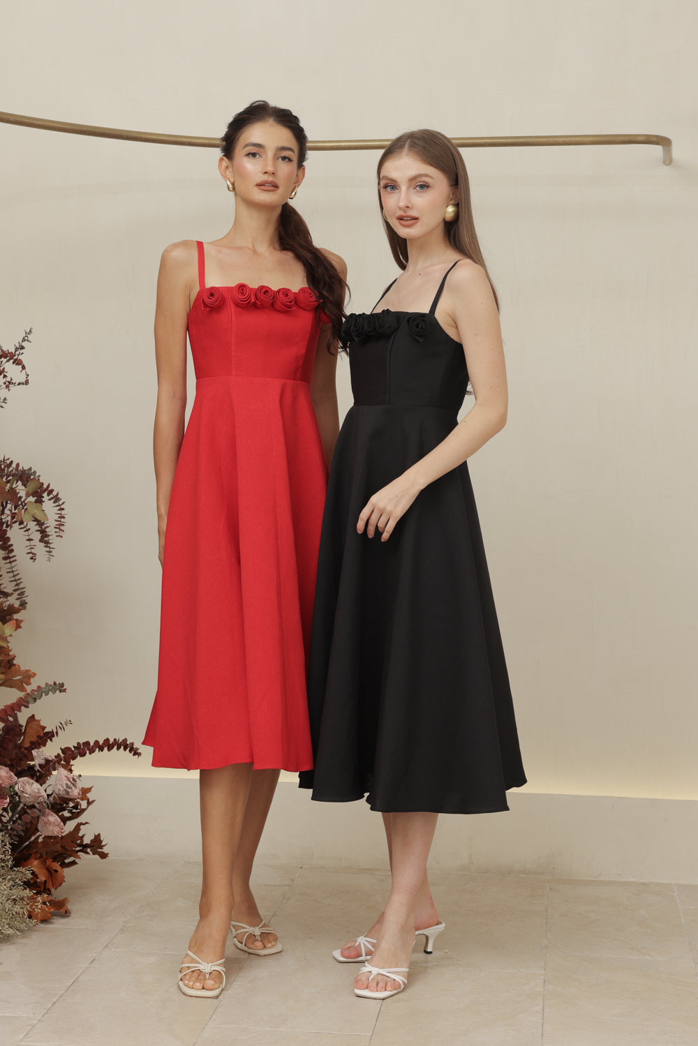 MORGANA DRESS Straight Neckline Strappy Midi Dress with Floral Details (Red Gazaar)