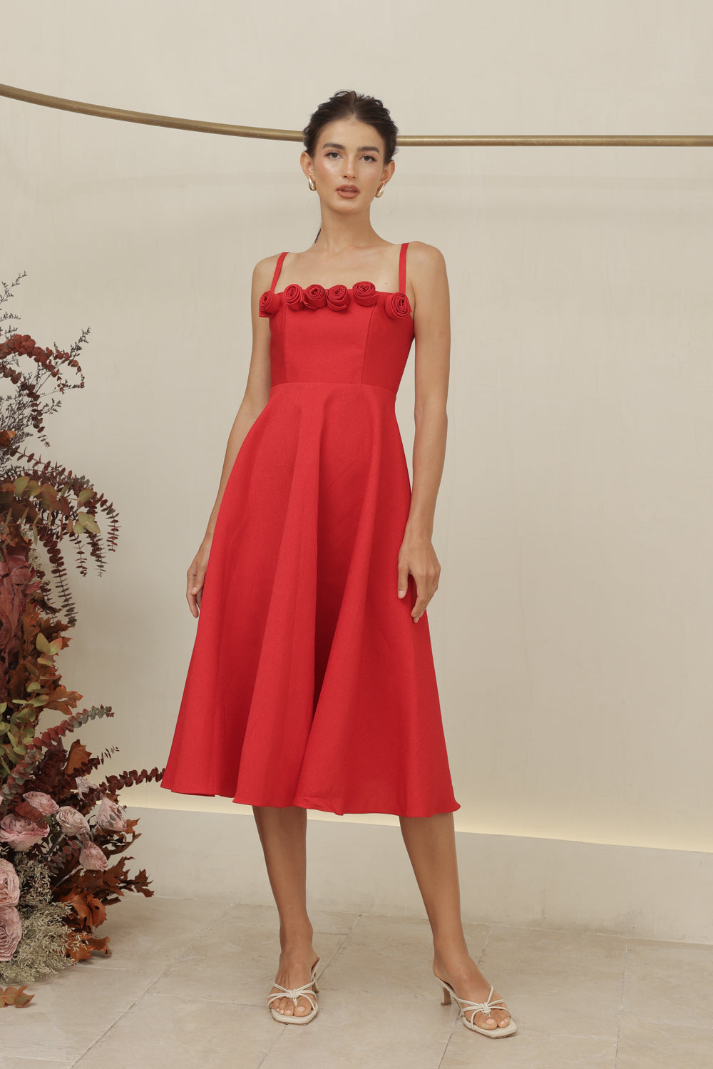 MORGANA DRESS Straight Neckline Strappy Midi Dress with Floral Details (Red Gazaar)