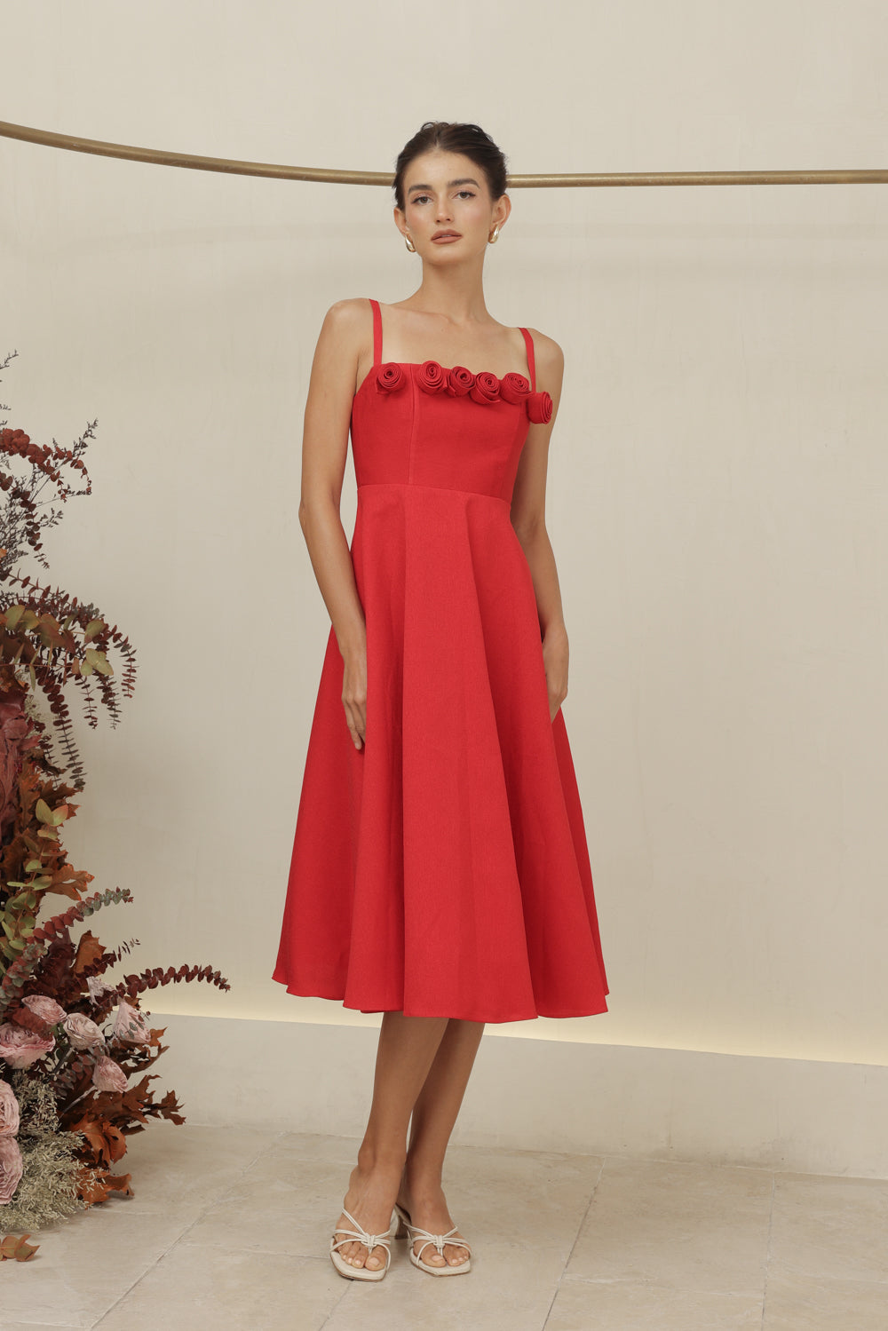 MORGANA DRESS Straight Neckline Strappy Midi Dress with Floral Details (Red Gazaar)