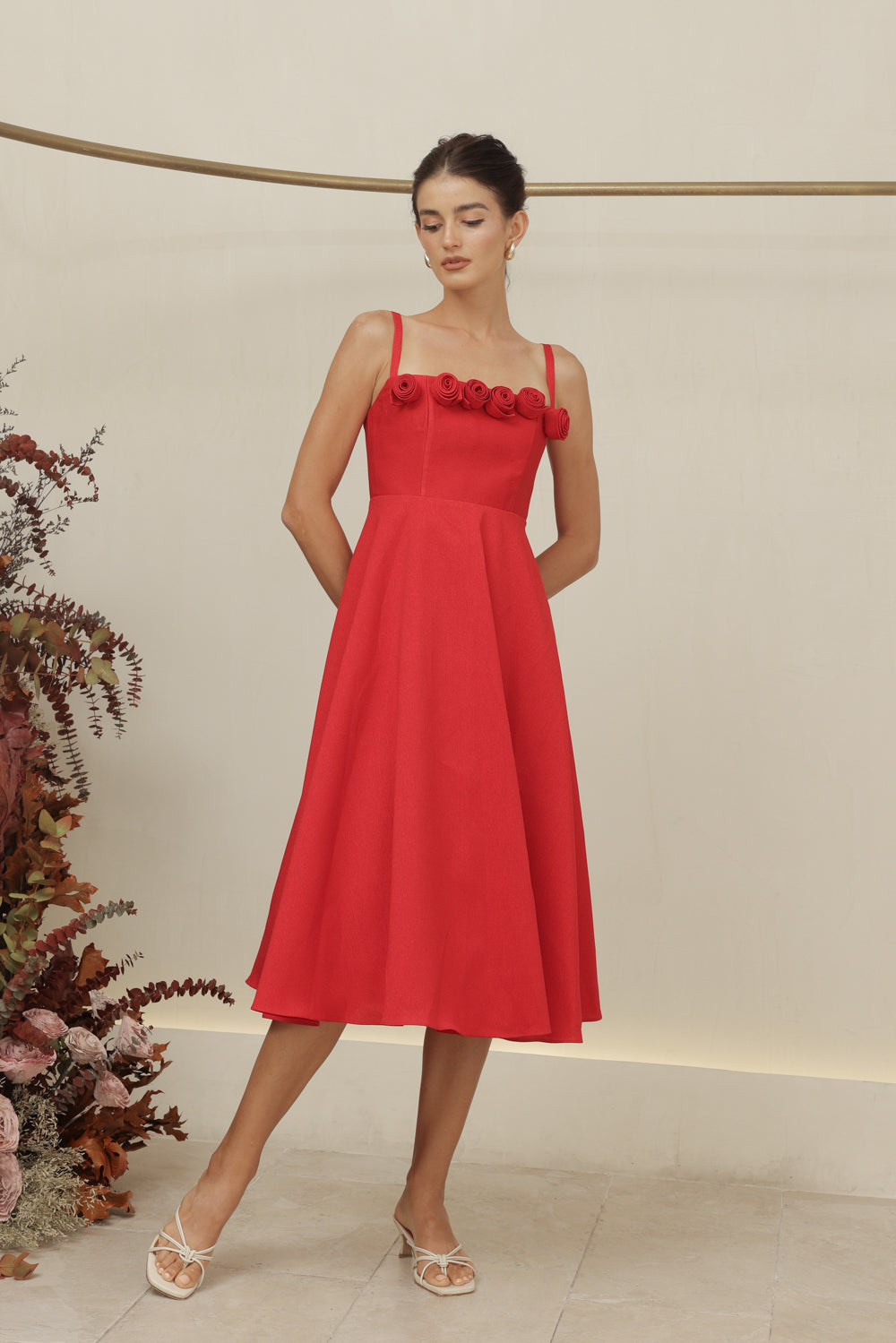 MORGANA DRESS Straight Neckline Strappy Midi Dress with Floral Details (Red Gazaar)