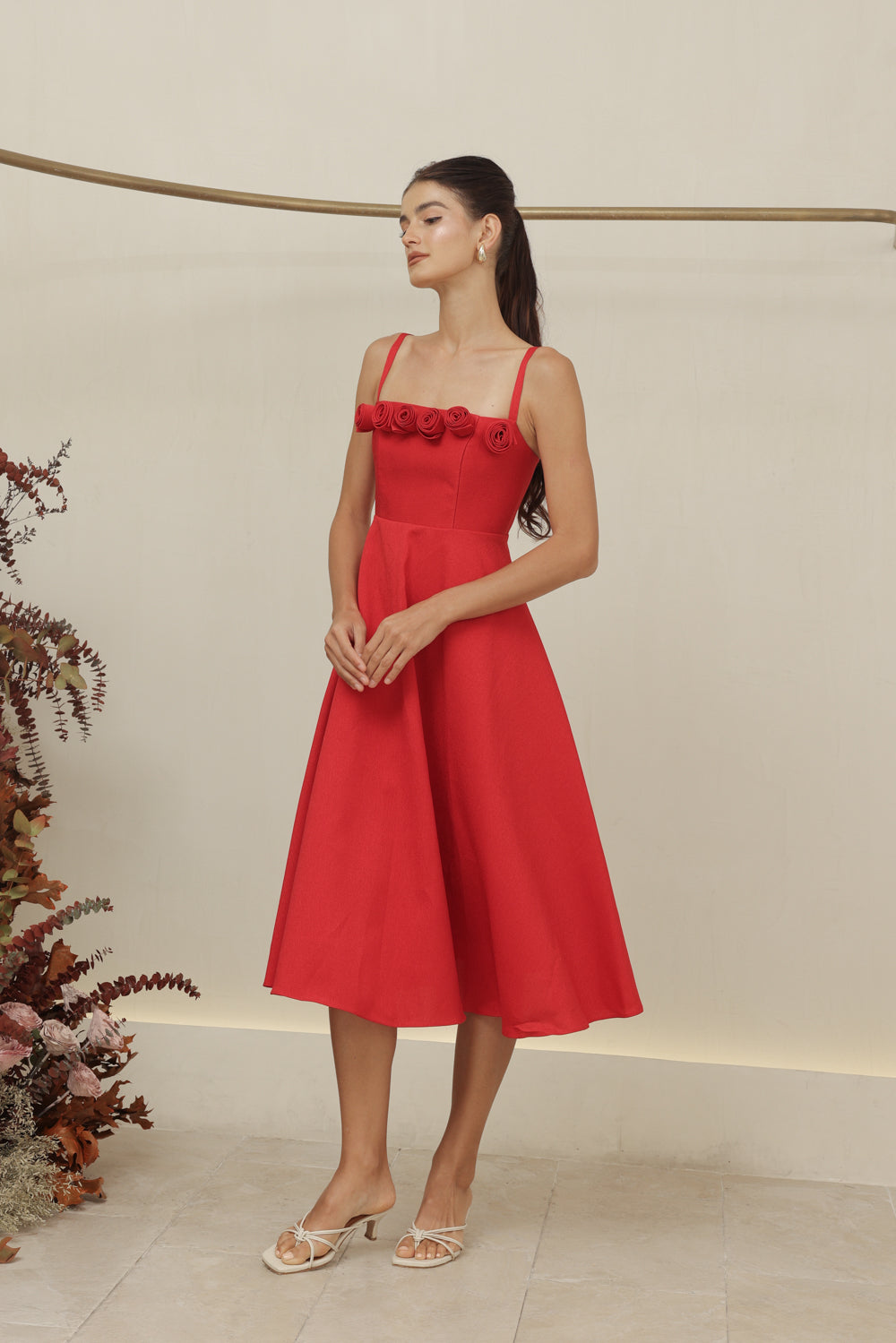 MORGANA DRESS Straight Neckline Strappy Midi Dress with Floral Details (Red Gazaar)