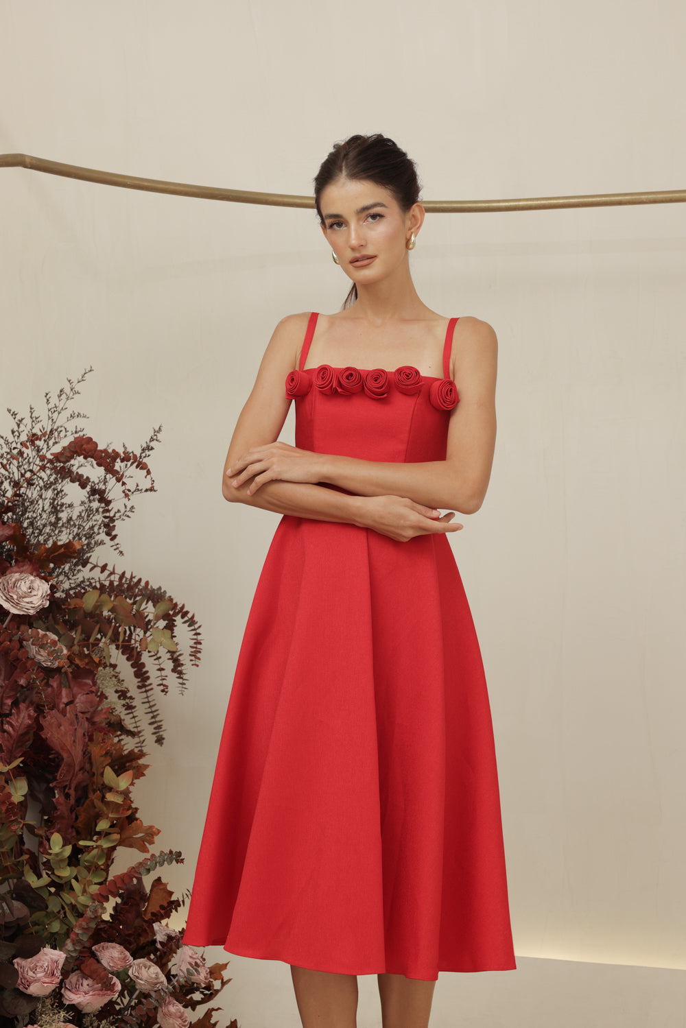 MORGANA DRESS Straight Neckline Strappy Midi Dress with Floral Details (Red Gazaar)