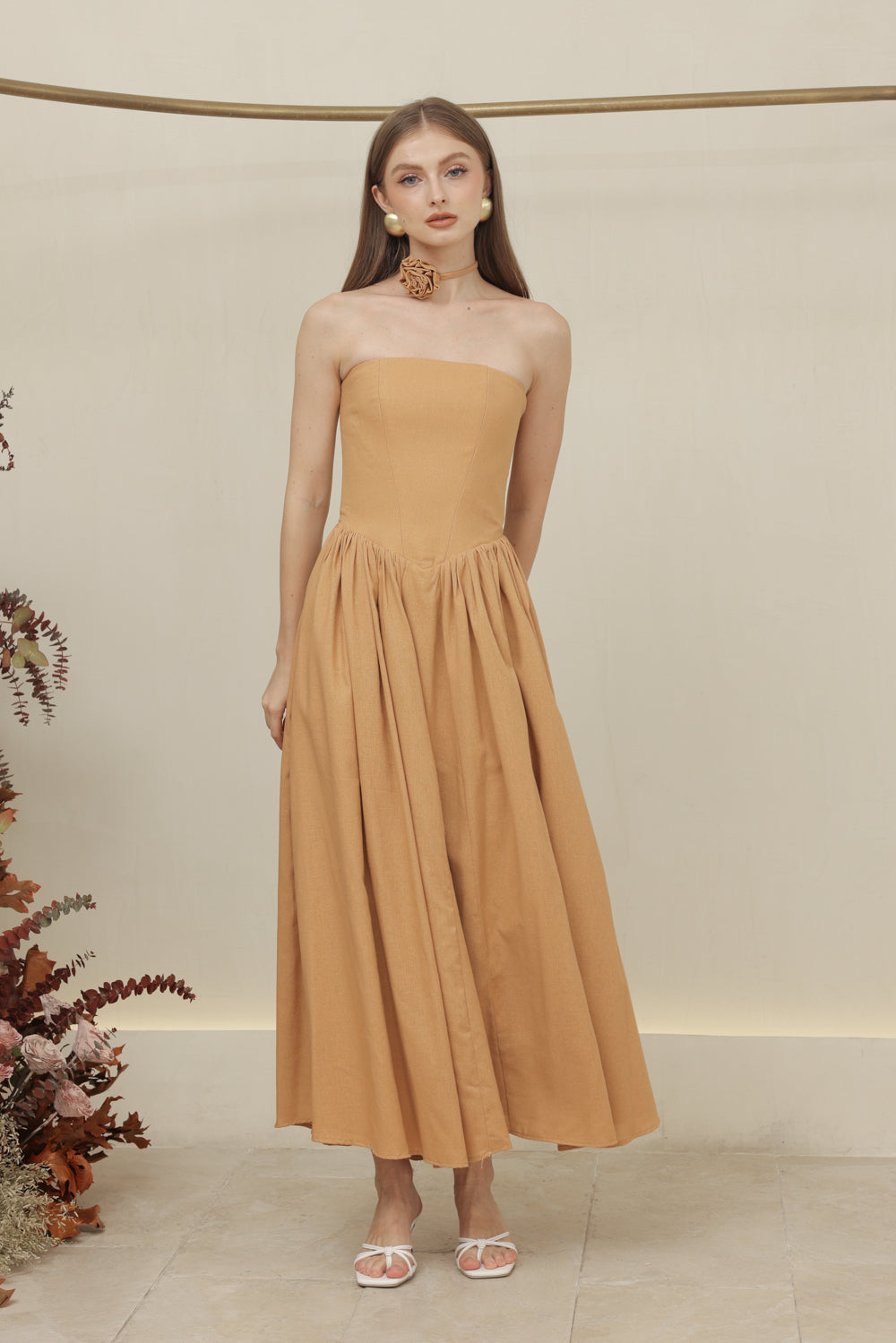 COCO DRESS Strapless Baroque Style Waist Midi Dress with Floral Neckpiece (Camel Linen)