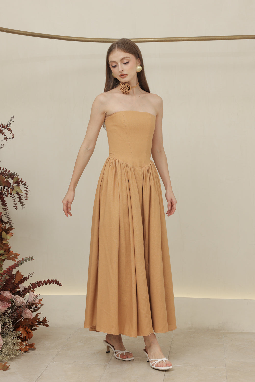 COCO DRESS Strapless Baroque Style Waist Midi Dress with Floral Neckpiece (Camel Linen)