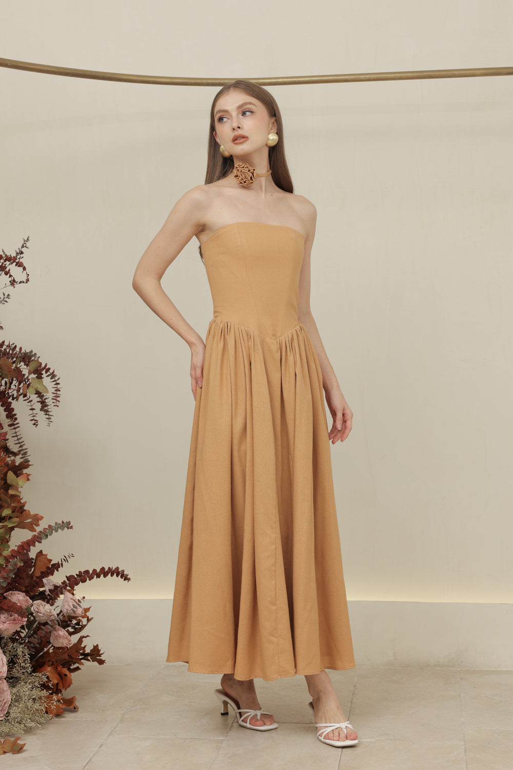 COCO DRESS Strapless Baroque Style Waist Midi Dress with Floral Neckpiece (Camel Linen)