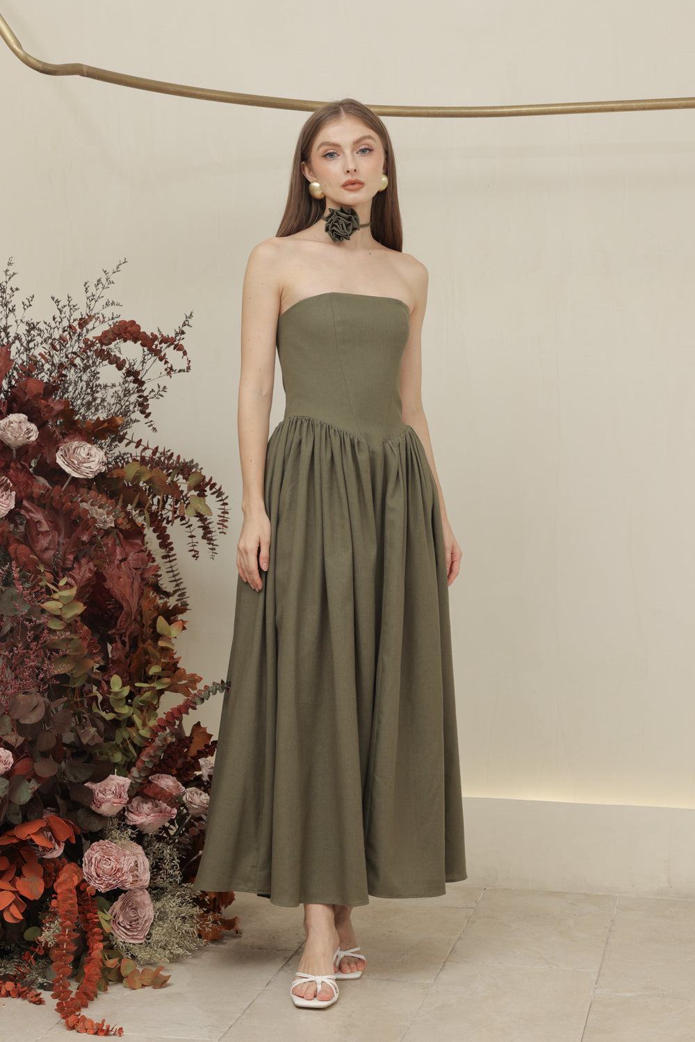 COCO DRESS Strapless Baroque Style Waist Midi Dress with Floral Neckpiece (Olive Linen)