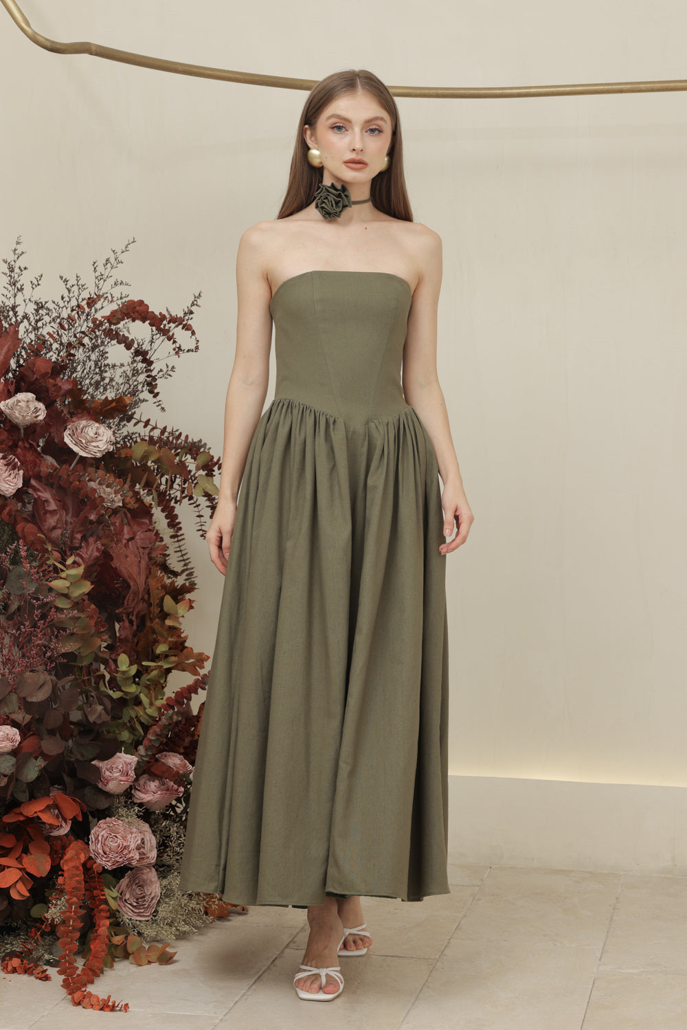 COCO DRESS Strapless Baroque Style Waist Midi Dress with Floral Neckpiece (Olive Linen)