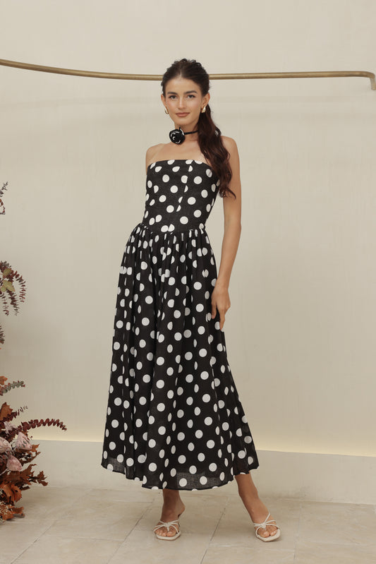 COCO DRESS Strapless Baroque Style Waist Midi Dress with Floral Neckpiece (Black Polkadot)