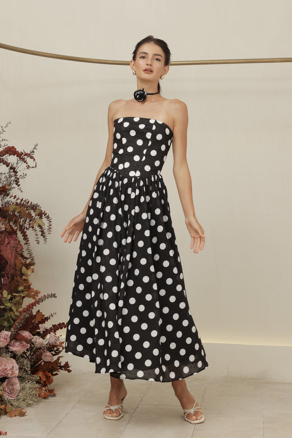 COCO DRESS Strapless Baroque Style Waist Midi Dress with Floral Neckpiece (Black Polkadot)