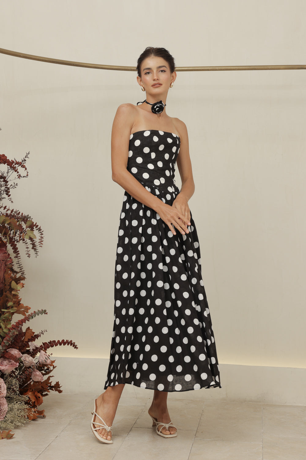 COCO DRESS Strapless Baroque Style Waist Midi Dress with Floral Neckpiece (Black Polkadot)
