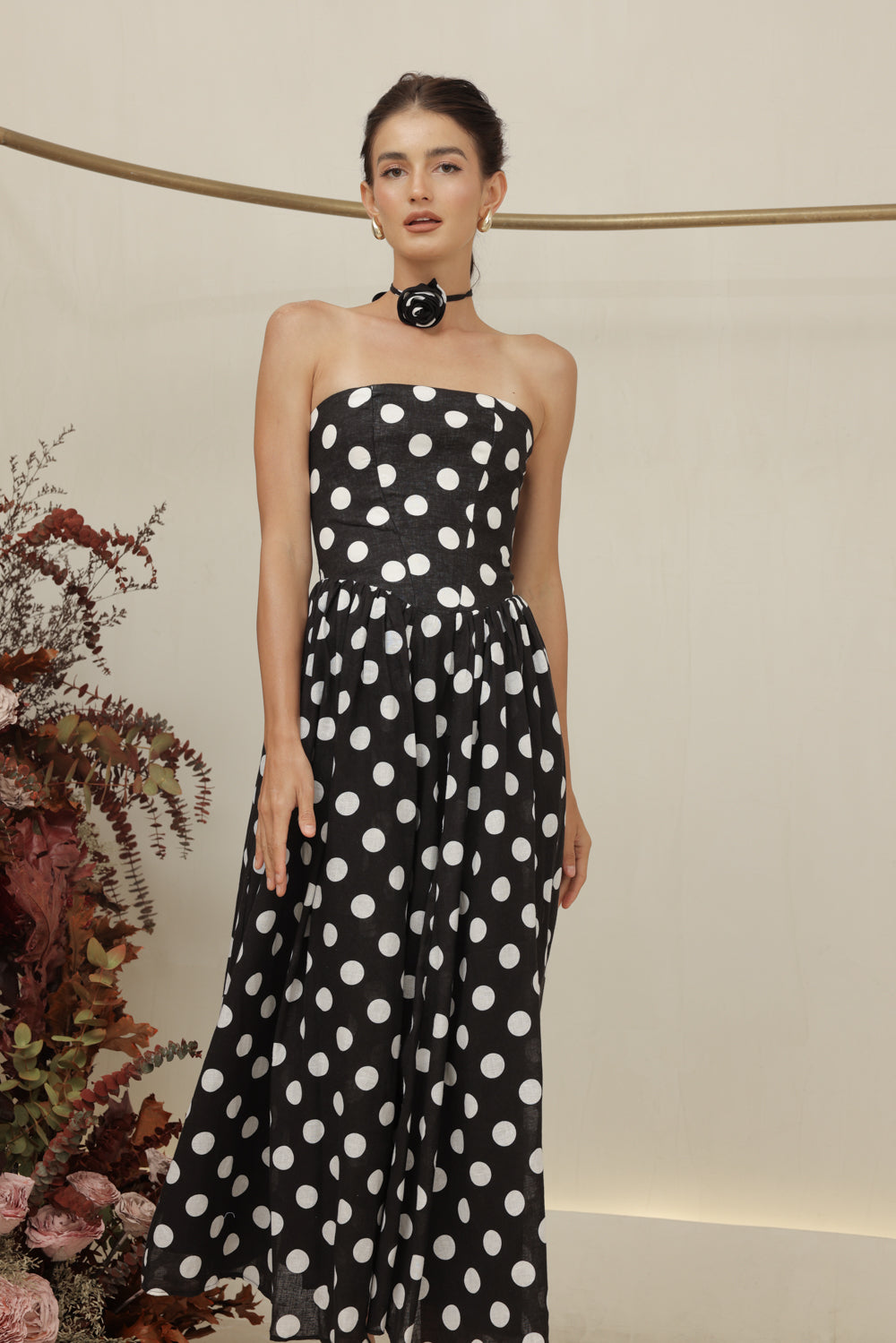COCO DRESS Strapless Baroque Style Waist Midi Dress with Floral Neckpiece (Black Polkadot)