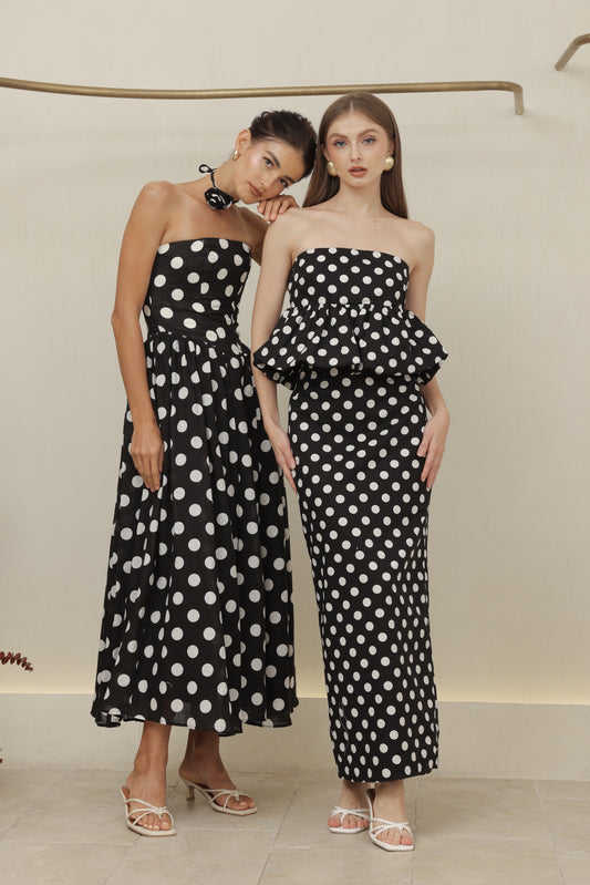 BIJOU DRESS Strapless Peplum Top and Pencil Skirt (Black Polkatdot)