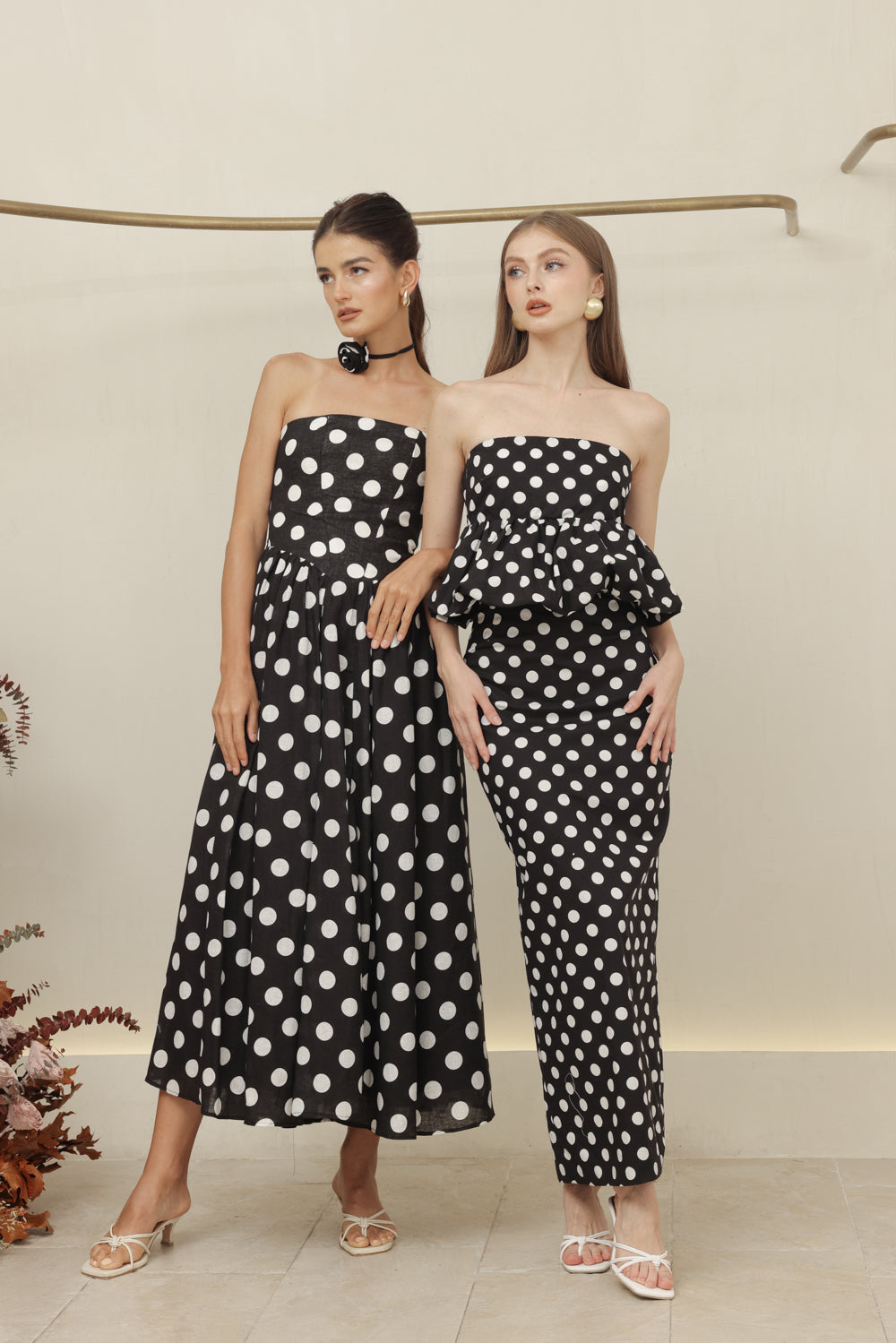 BIJOU DRESS Strapless Peplum Top and Pencil Skirt (Black Polkatdot)