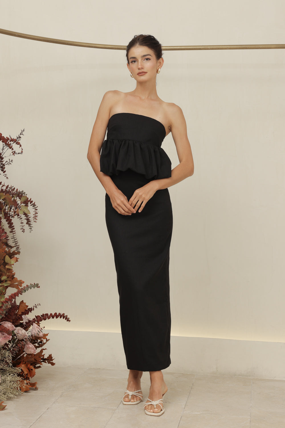 BIJOU DRESS Strapless Peplum Top and Pencil Skirt (Black Linen)