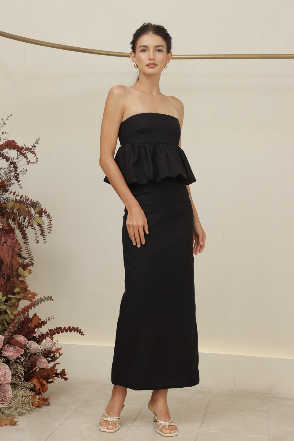 BIJOU DRESS Strapless Peplum Top and Pencil Skirt (Black Linen)