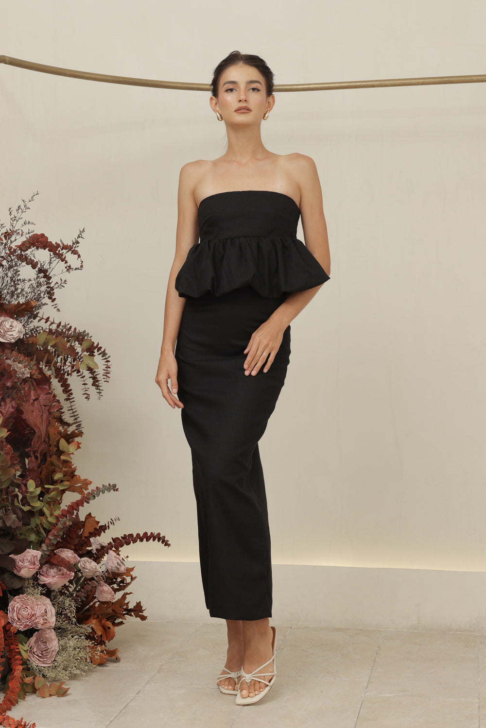 BIJOU DRESS Strapless Peplum Top and Pencil Skirt (Black Linen)