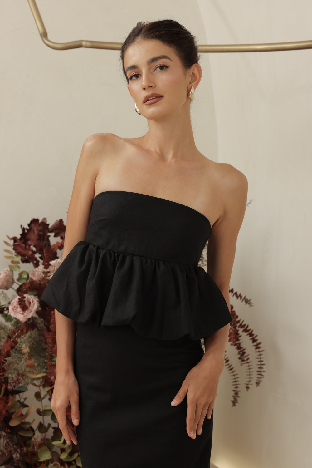 BIJOU DRESS Strapless Peplum Top and Pencil Skirt (Black Linen)