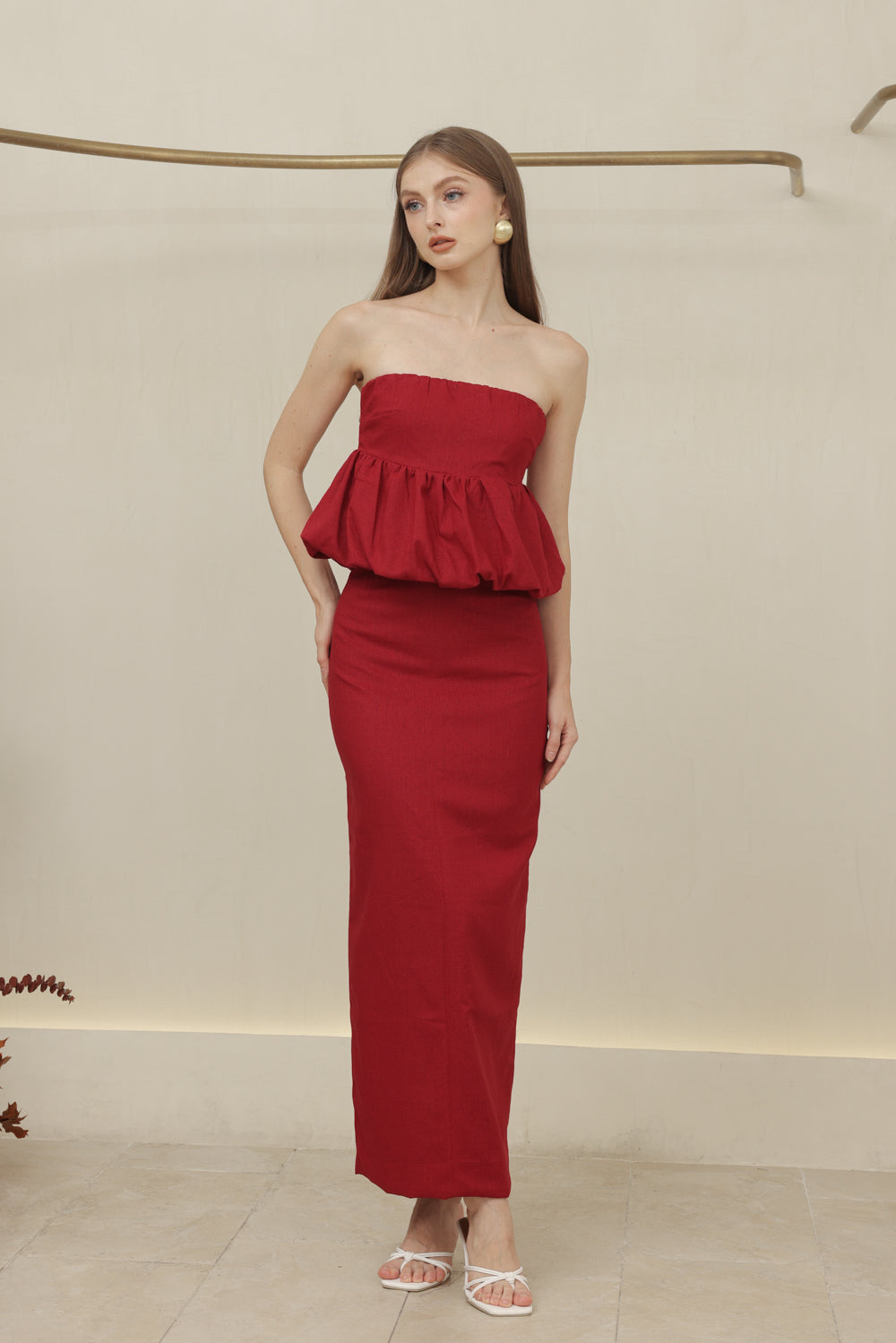 BIJOU DRESS Strapless Peplum Top and Pencil Skirt (Maroon Linen)