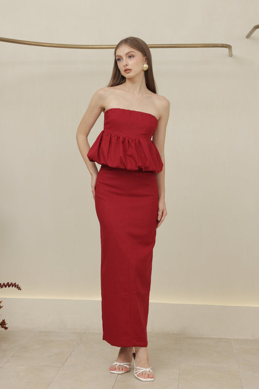 BIJOU DRESS Strapless Peplum Top and Pencil Skirt (Maroon Linen)