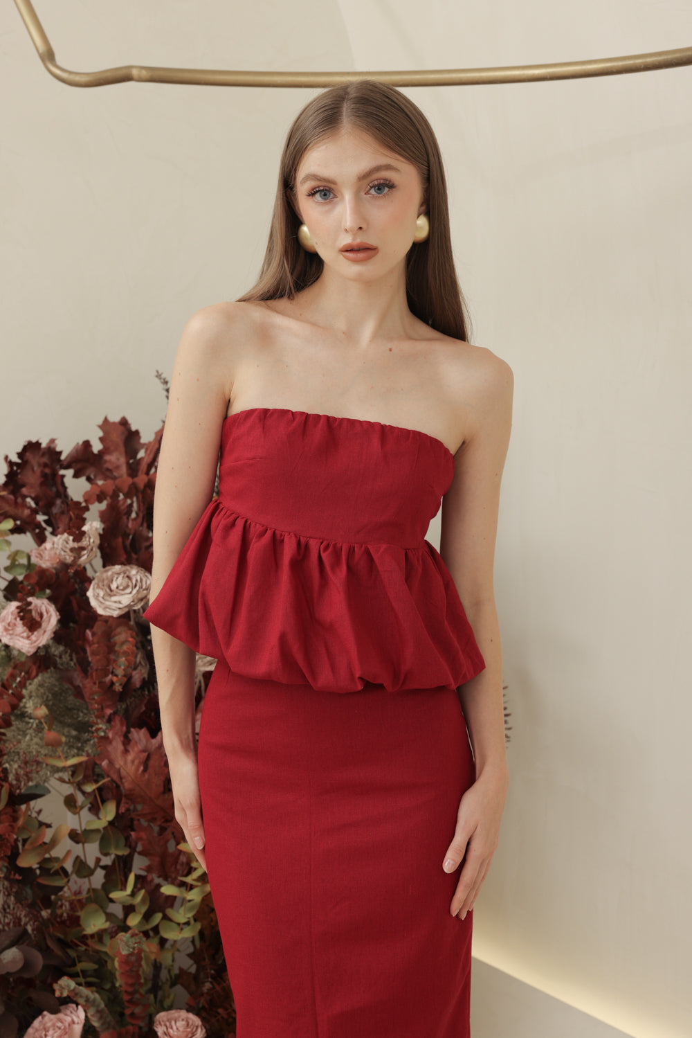 BIJOU DRESS Strapless Peplum Top and Pencil Skirt (Maroon Linen)