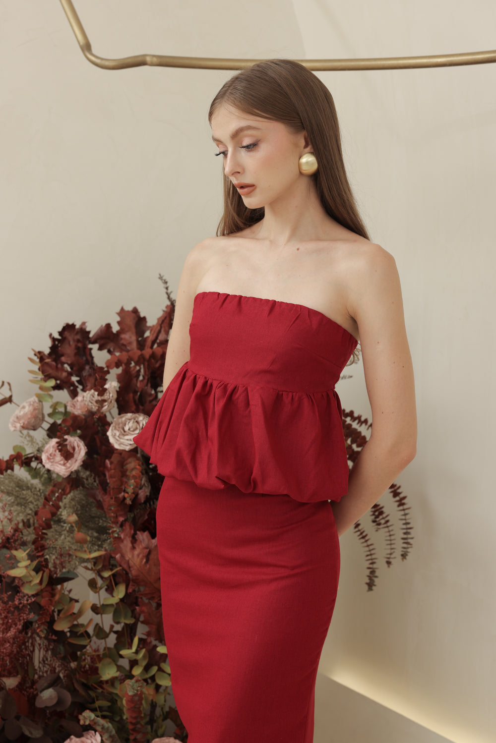 BIJOU DRESS Strapless Peplum Top and Pencil Skirt (Maroon Linen)