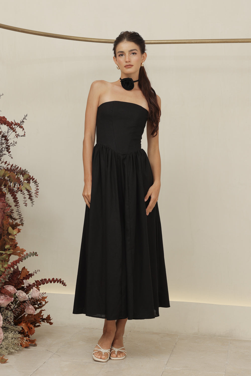 COCO DRESS Strapless Baroque Style Waist Midi Dress with Floral Neckpiece (Black Linen)