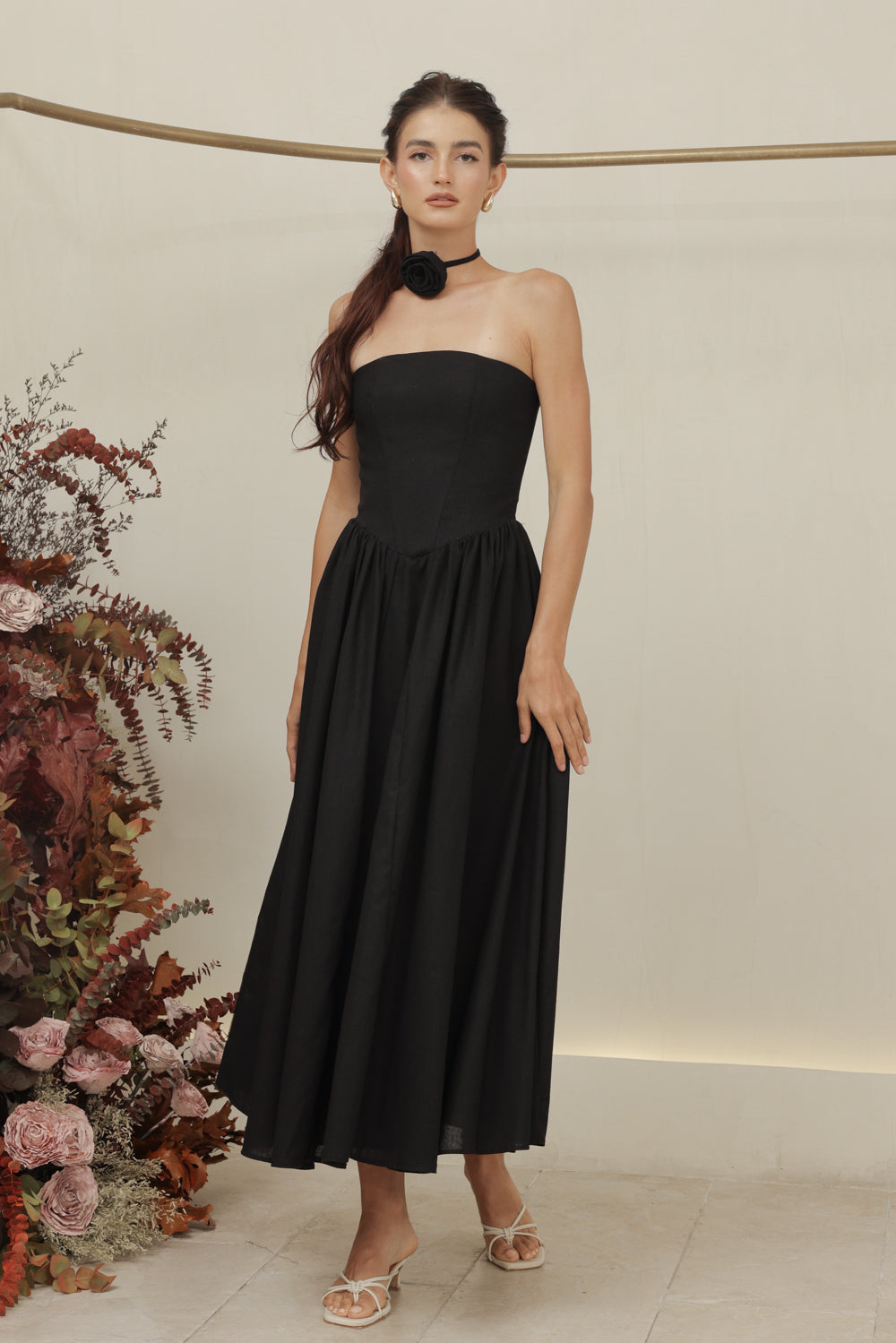 COCO DRESS Strapless Baroque Style Waist Midi Dress with Floral Neckpiece (Black Linen)