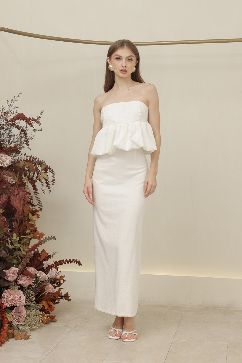 BIJOU DRESS Strapless Peplum Top and Pencil Skirt (Ivory White Linen)