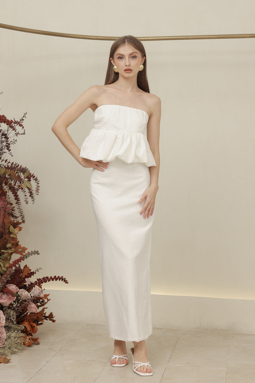 BIJOU DRESS Strapless Peplum Top and Pencil Skirt (Ivory White Linen)