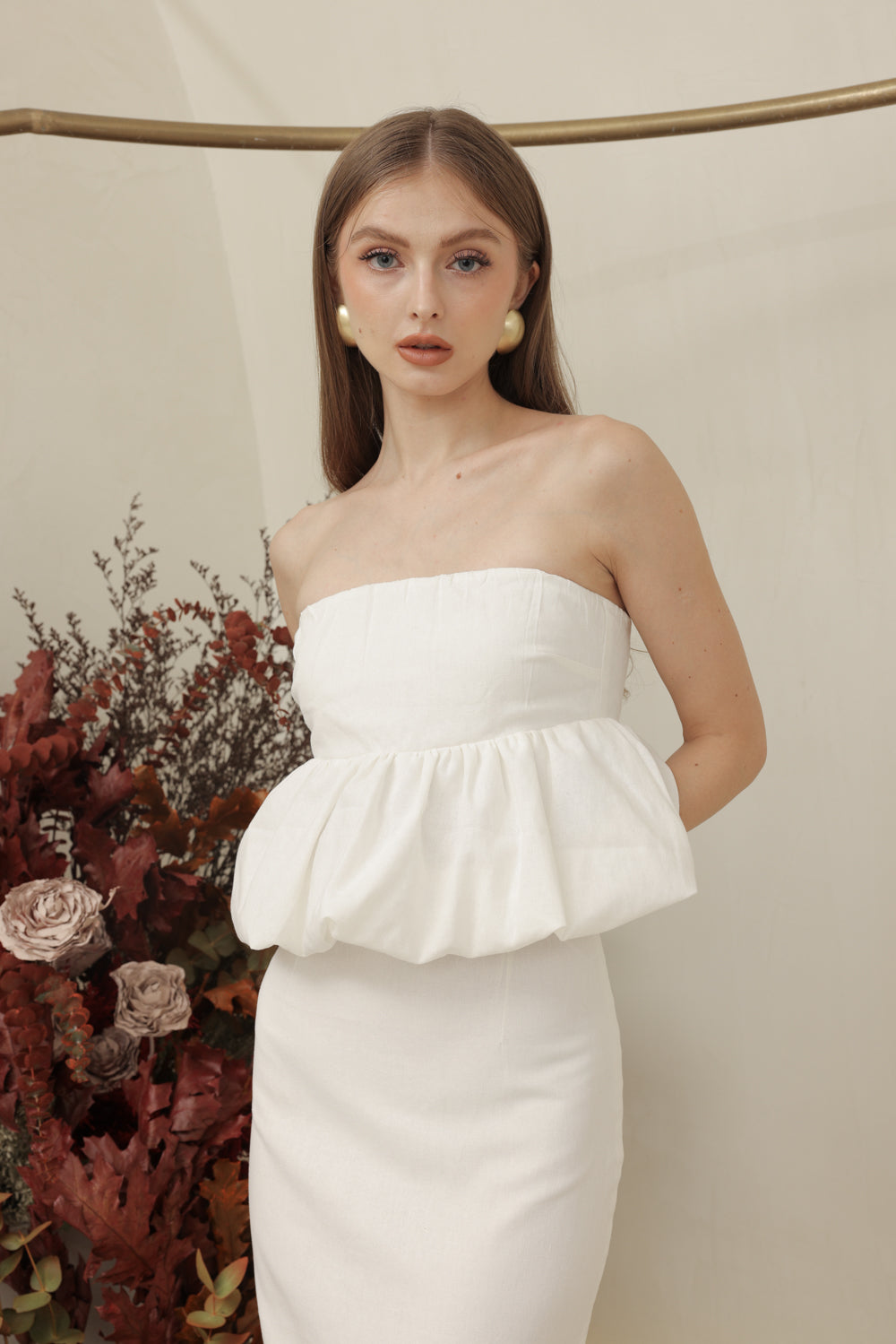 BIJOU DRESS Strapless Peplum Top and Pencil Skirt (Ivory White Linen)