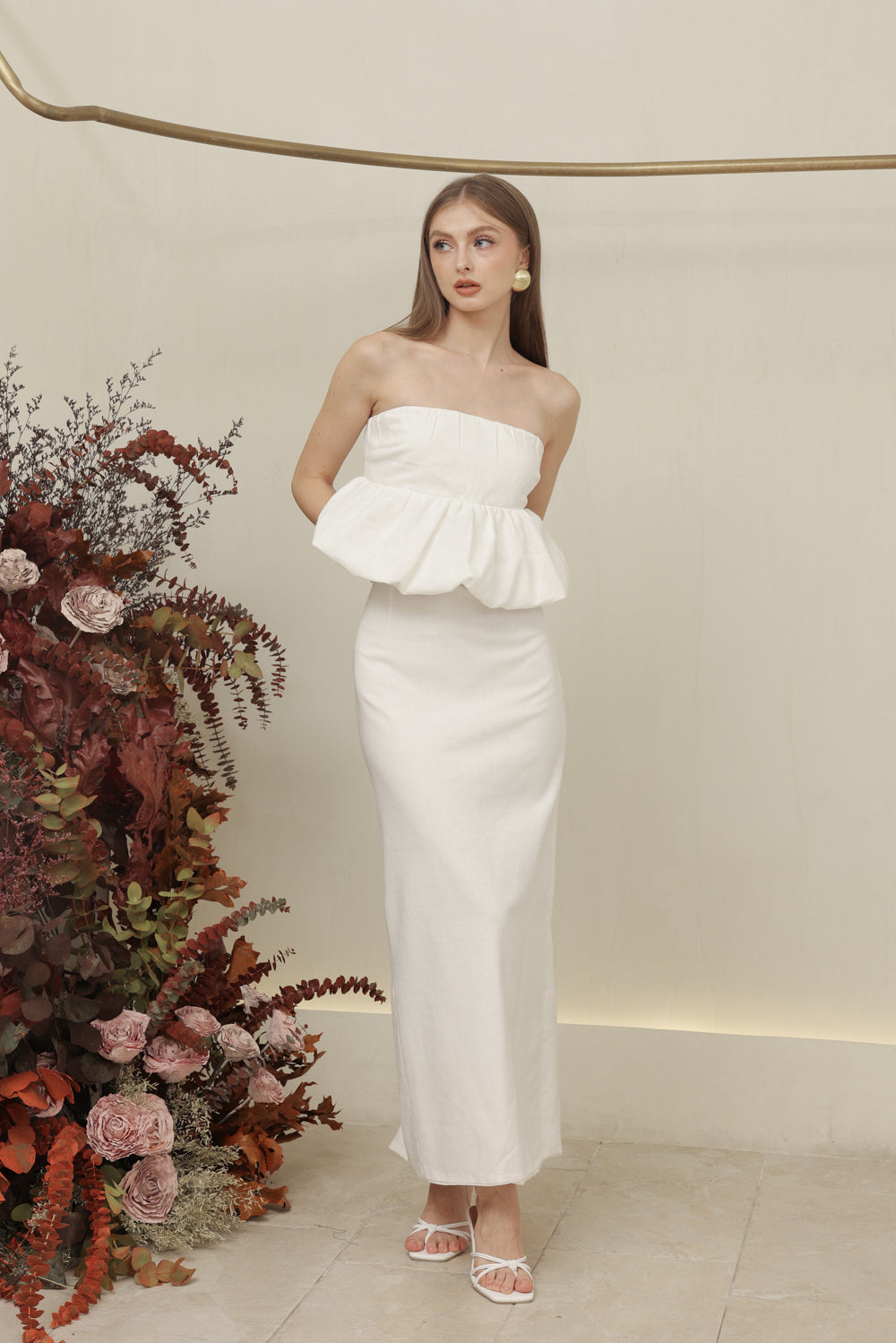 BIJOU DRESS Strapless Peplum Top and Pencil Skirt (Ivory White Linen)