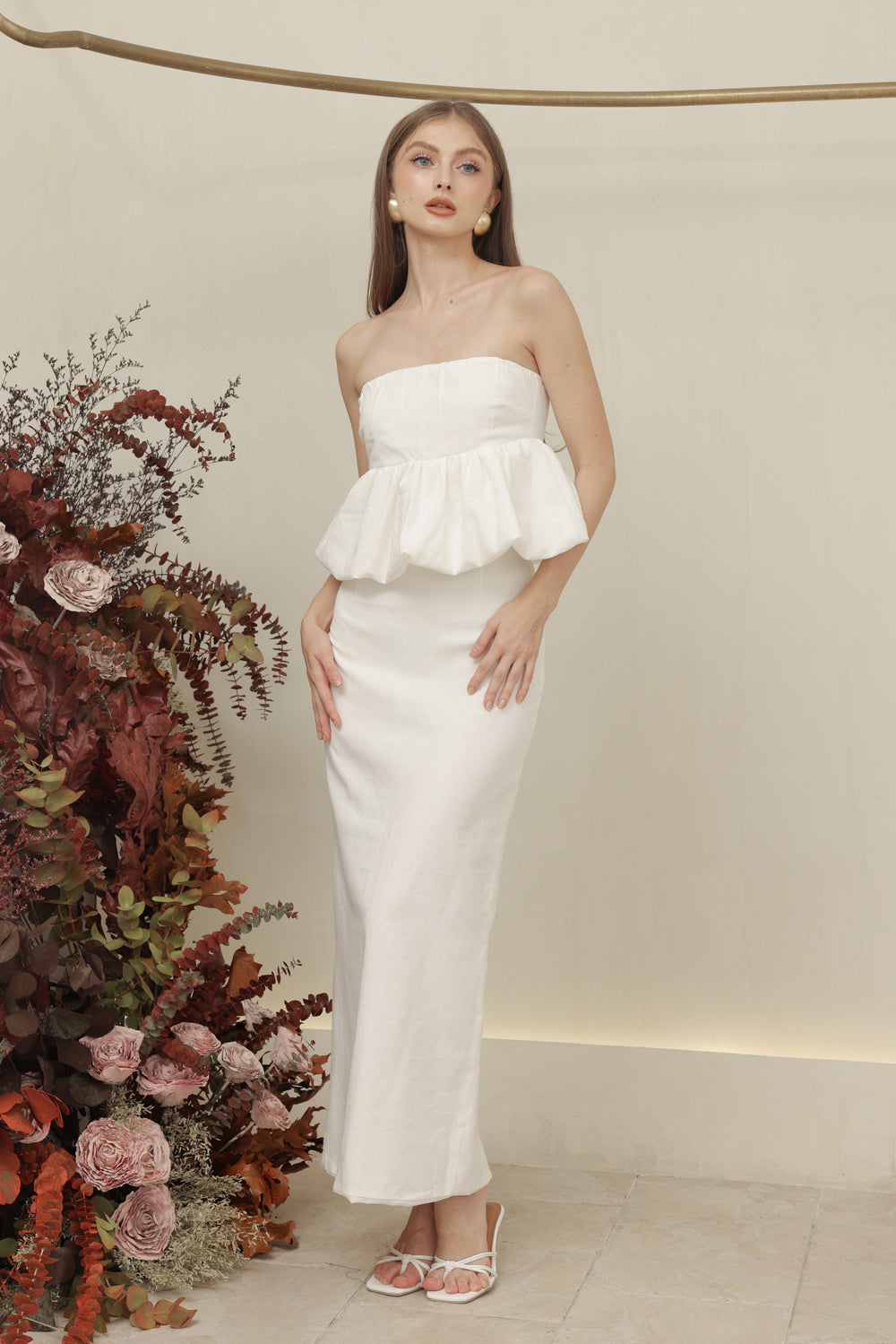 BIJOU DRESS Strapless Peplum Top and Pencil Skirt (Ivory White Linen)