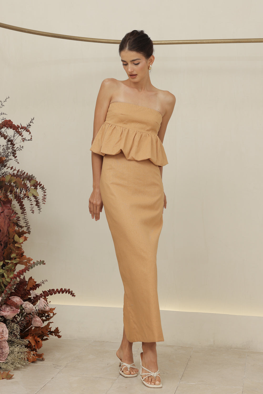 BIJOU DRESS Strapless Peplum Top and Pencil Skirt (Camel Linen)