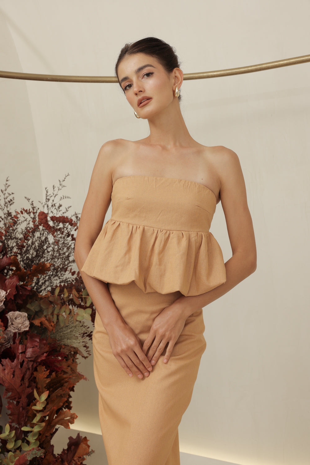 BIJOU DRESS Strapless Peplum Top and Pencil Skirt (Camel Linen)