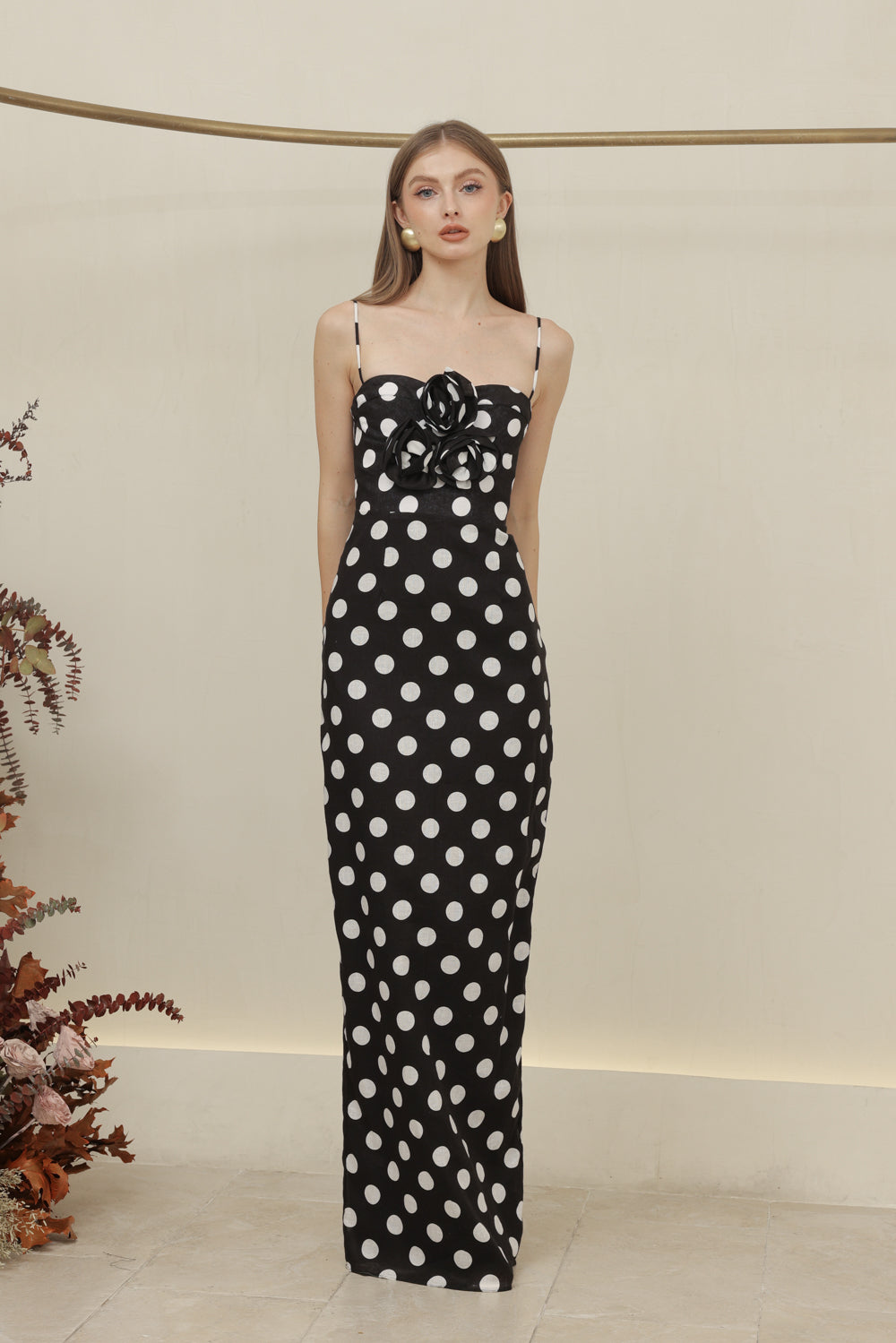 JULIETTE DRESS Strappy Pencil Skirt Maxi with Trio Floral Detail (Black Polkadot) SAME DAY DELIVERY - MEDIUM & LARGE