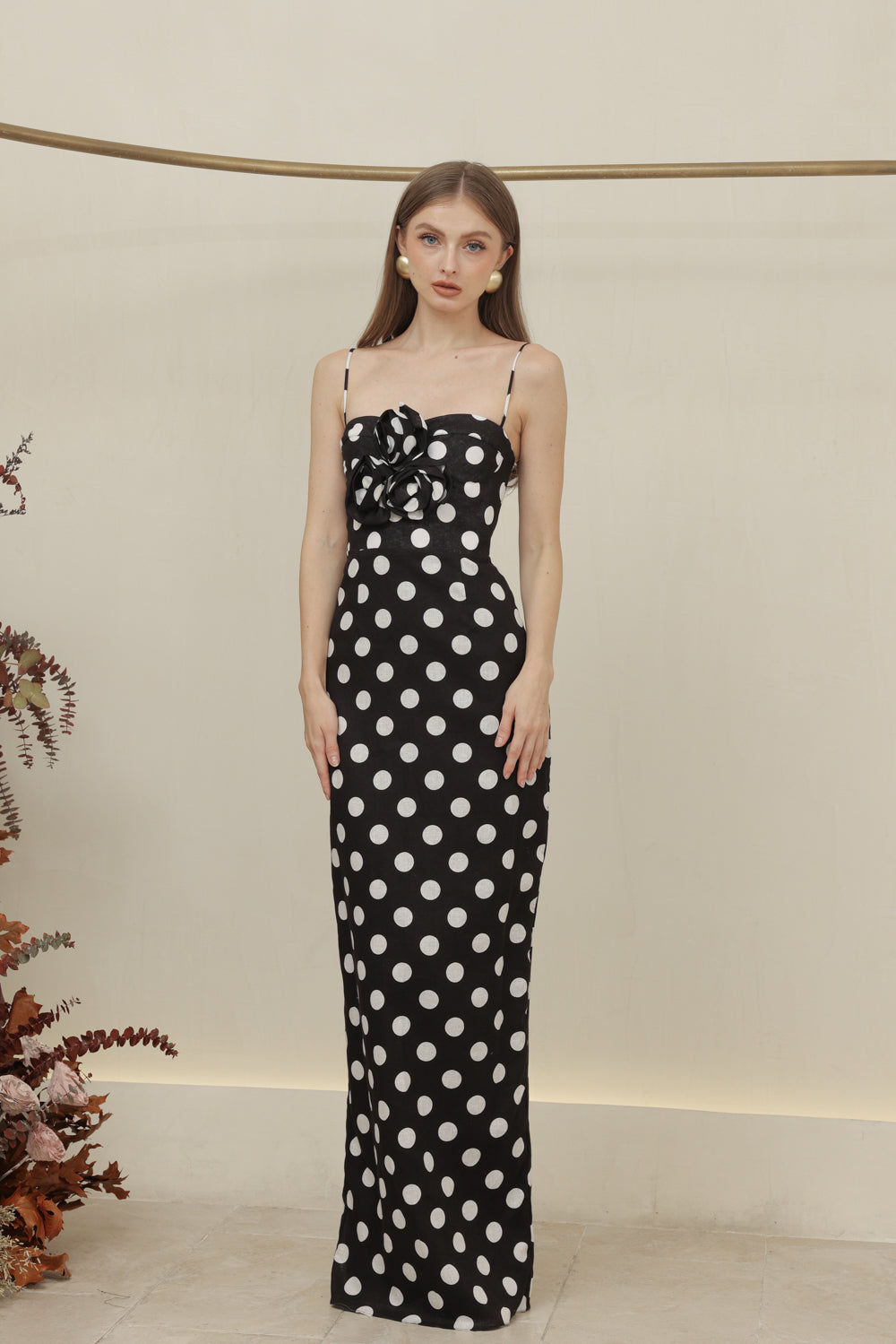 JULIETTE DRESS Strappy Pencil Skirt Maxi with Trio Floral Detail (Black Polkadot) SAME DAY DELIVERY - MEDIUM & LARGE