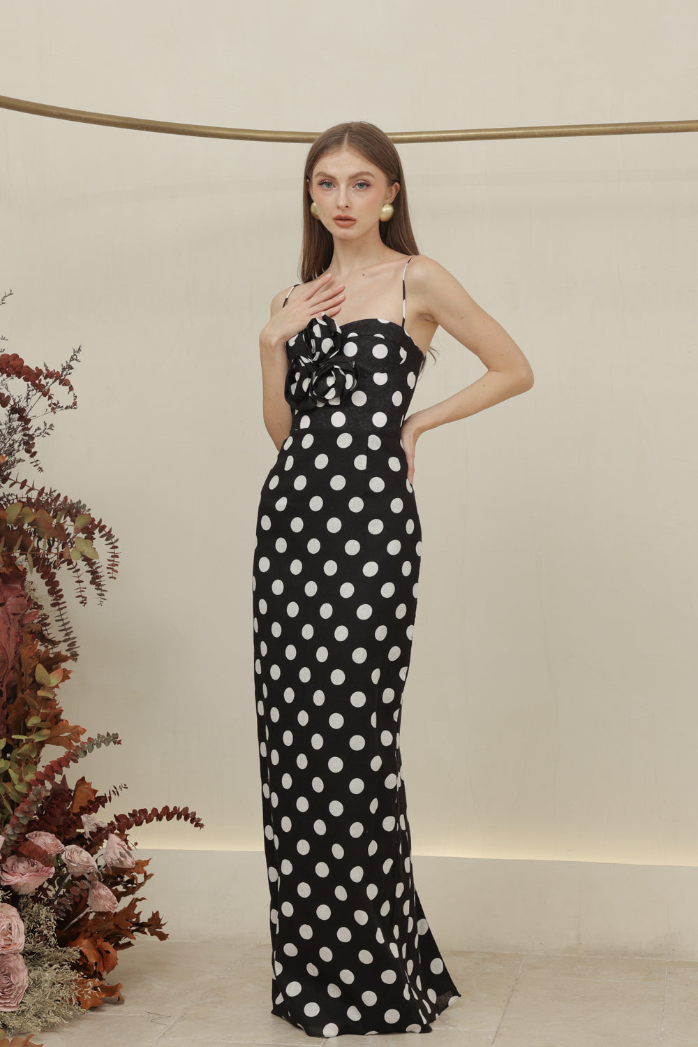 JULIETTE DRESS Strappy Pencil Skirt Maxi with Trio Floral Detail (Black Polkadot) SAME DAY DELIVERY - MEDIUM