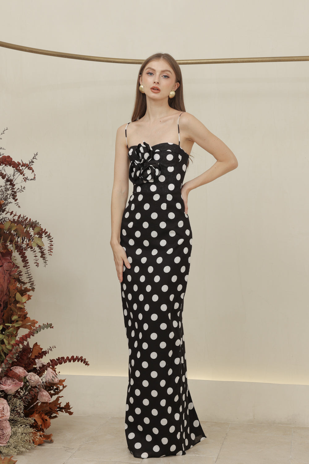 JULIETTE DRESS Strappy Pencil Skirt Maxi with Trio Floral Detail (Black Polkadot) SAME DAY DELIVERY - MEDIUM