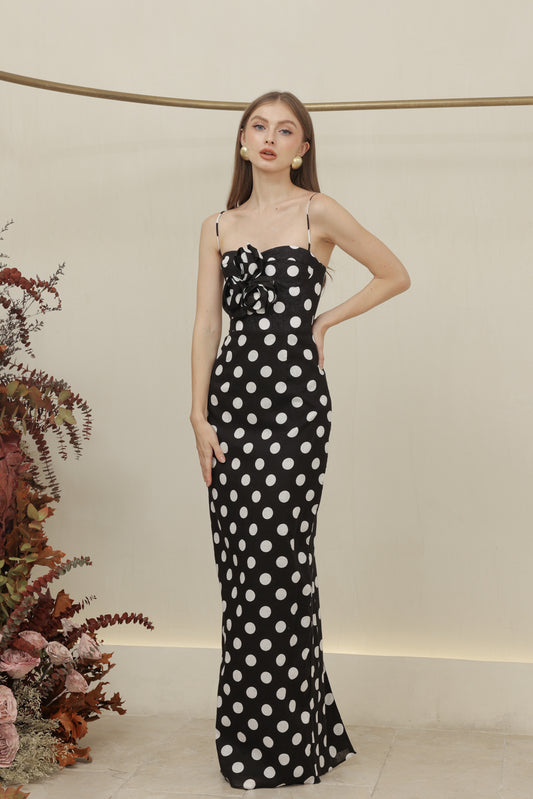 JULIETTE DRESS Strappy Pencil Skirt Maxi with Trio Floral Detail (Black Polkadot)